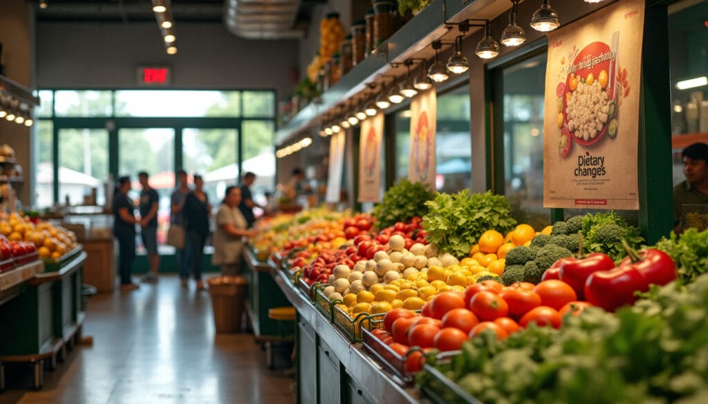 The scene in the supermarket depicts urban shoppers comparing packages of processed food with fresh fruits and vegetables, which illustrates the dietary shifts caused by urbanization.