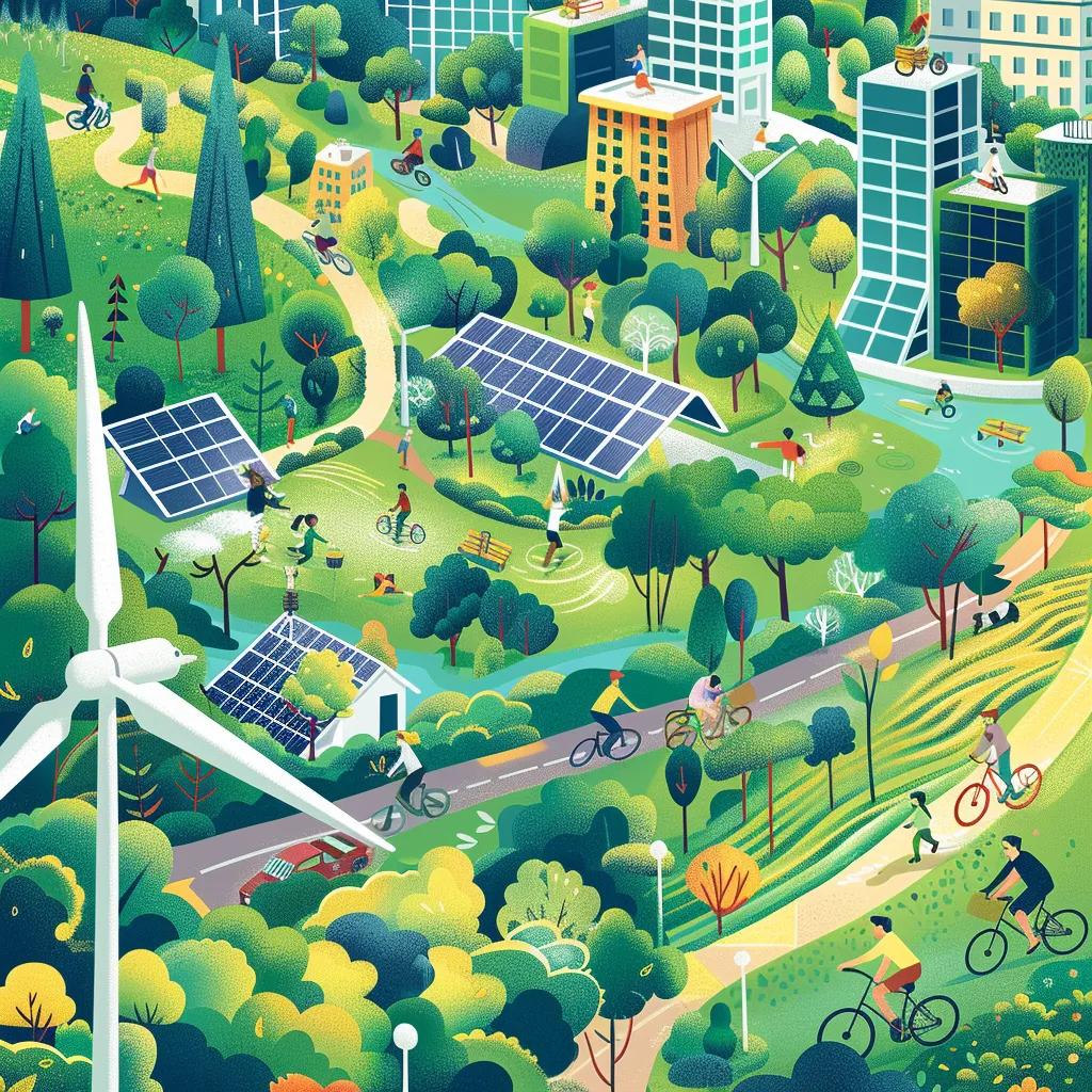 Green urban setting with solar panels and people engaged in sustainable practices, underscoring sustainability’s economic role