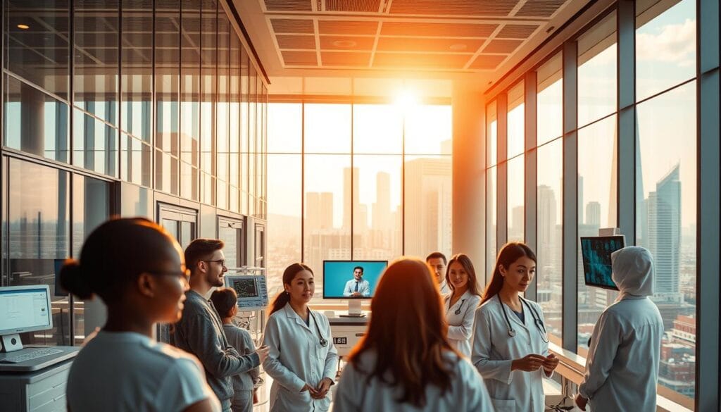 Medical professionals gather in a modern healthcare facility with floor-to-ceiling windows overlooking a city at sunset, highlighting advanced telehealth technologies and collaboration.