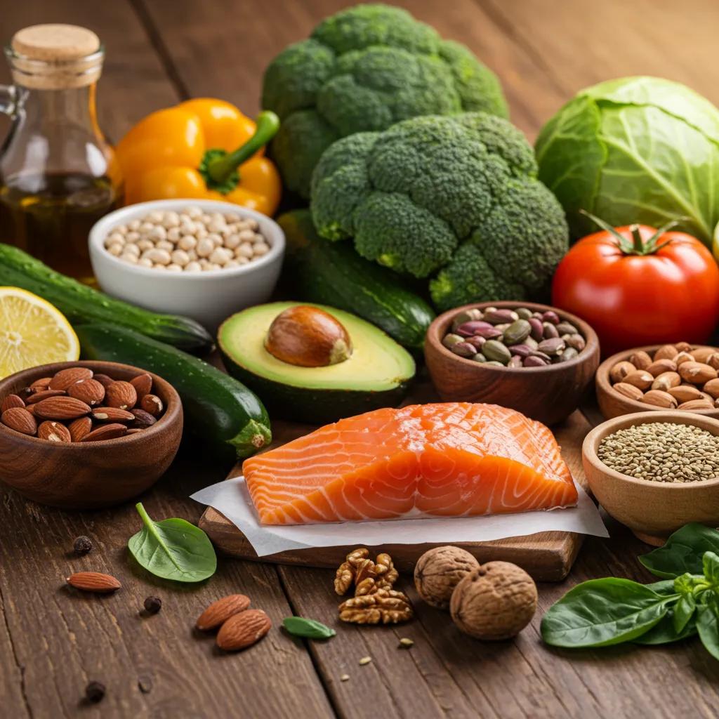 Vibrant selection of nutrient-rich foods tailored for a longevity-focused keto lifestyle, featuring vegetables, fatty fish, and avocados