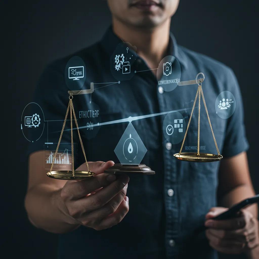 Conceptual image representing ethical AI practices in project management, focusing on fairness and transparency