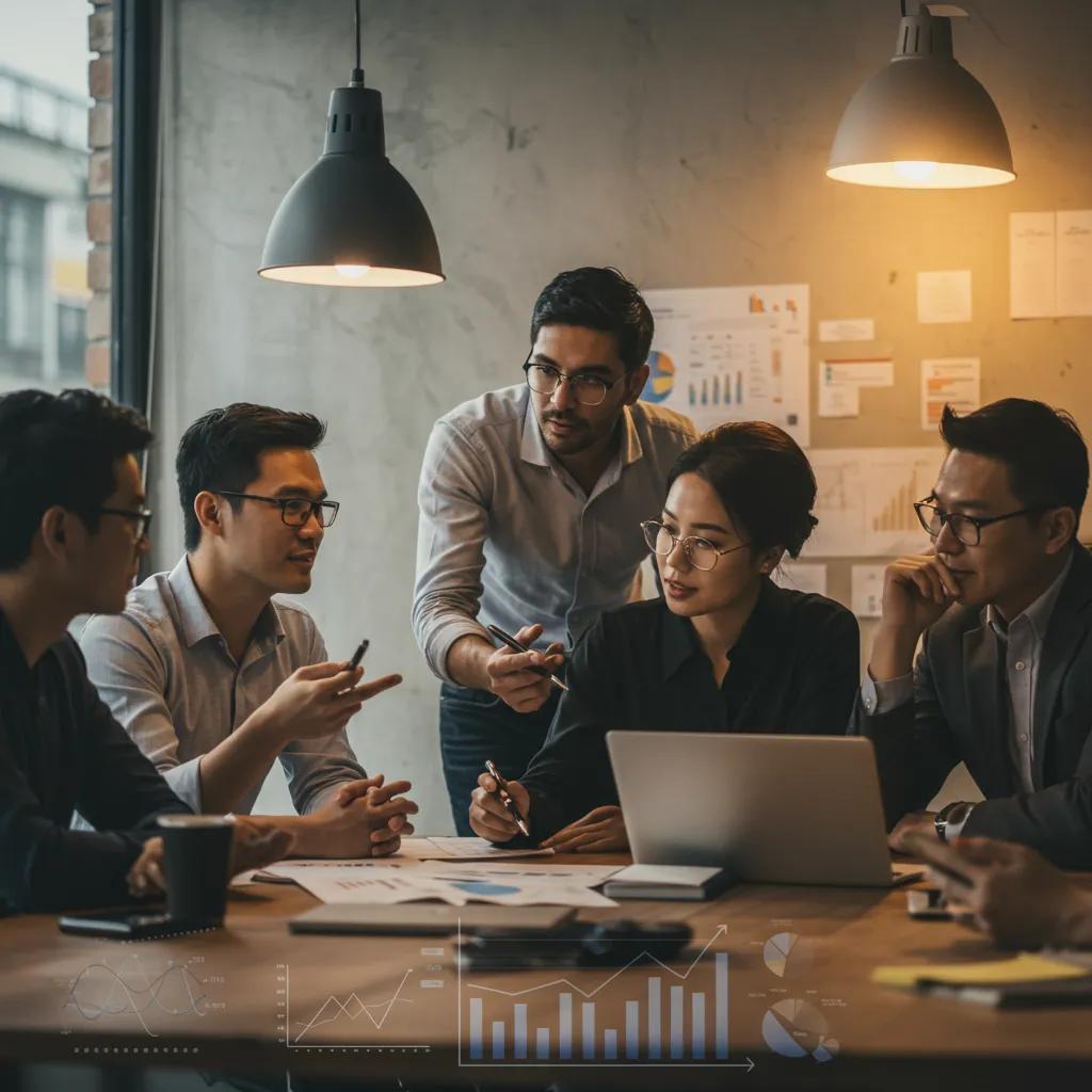 A diverse group of professionals engaging in a discussion about economic trends in a contemporary office, highlighting collaboration and insight