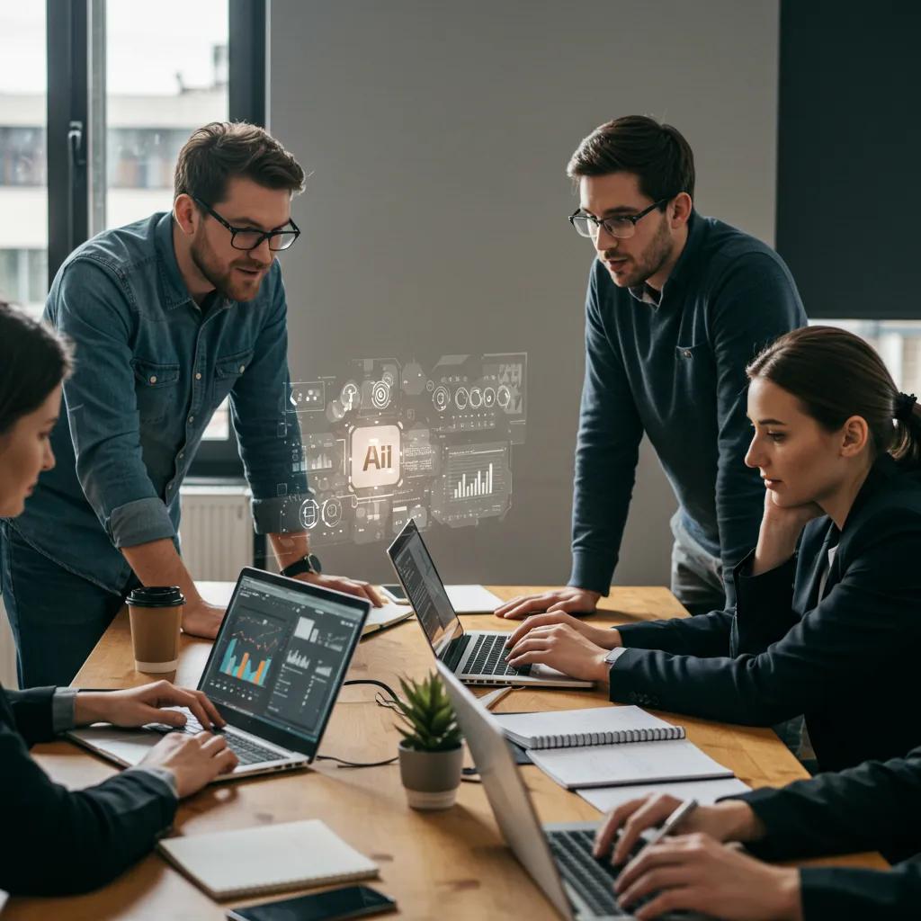 A diverse team collaborating on AI-driven project management tools in a modern workspace