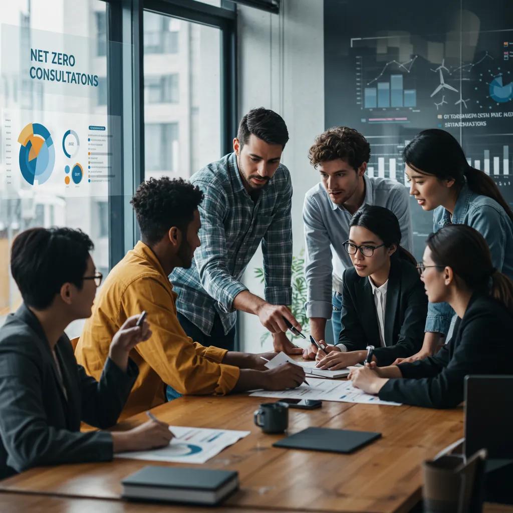 A team of environmental consultants planning a net‑zero strategy in a modern office