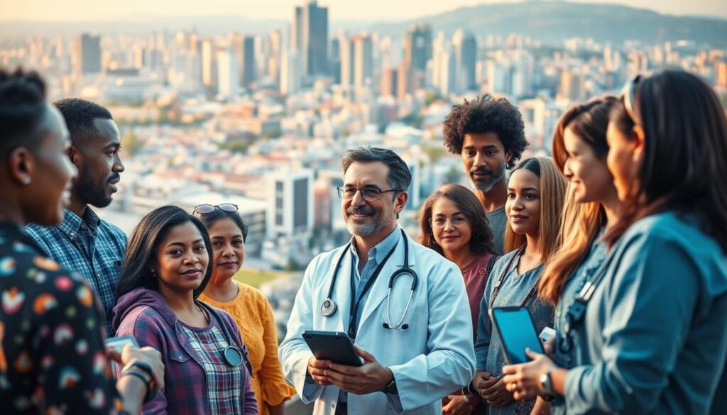 A diverse group of people surrounds a smiling doctor outdoors, with a city skyline in the background. The doctor holds a digital tablet, symbolizing community-focused telehealth engagement.