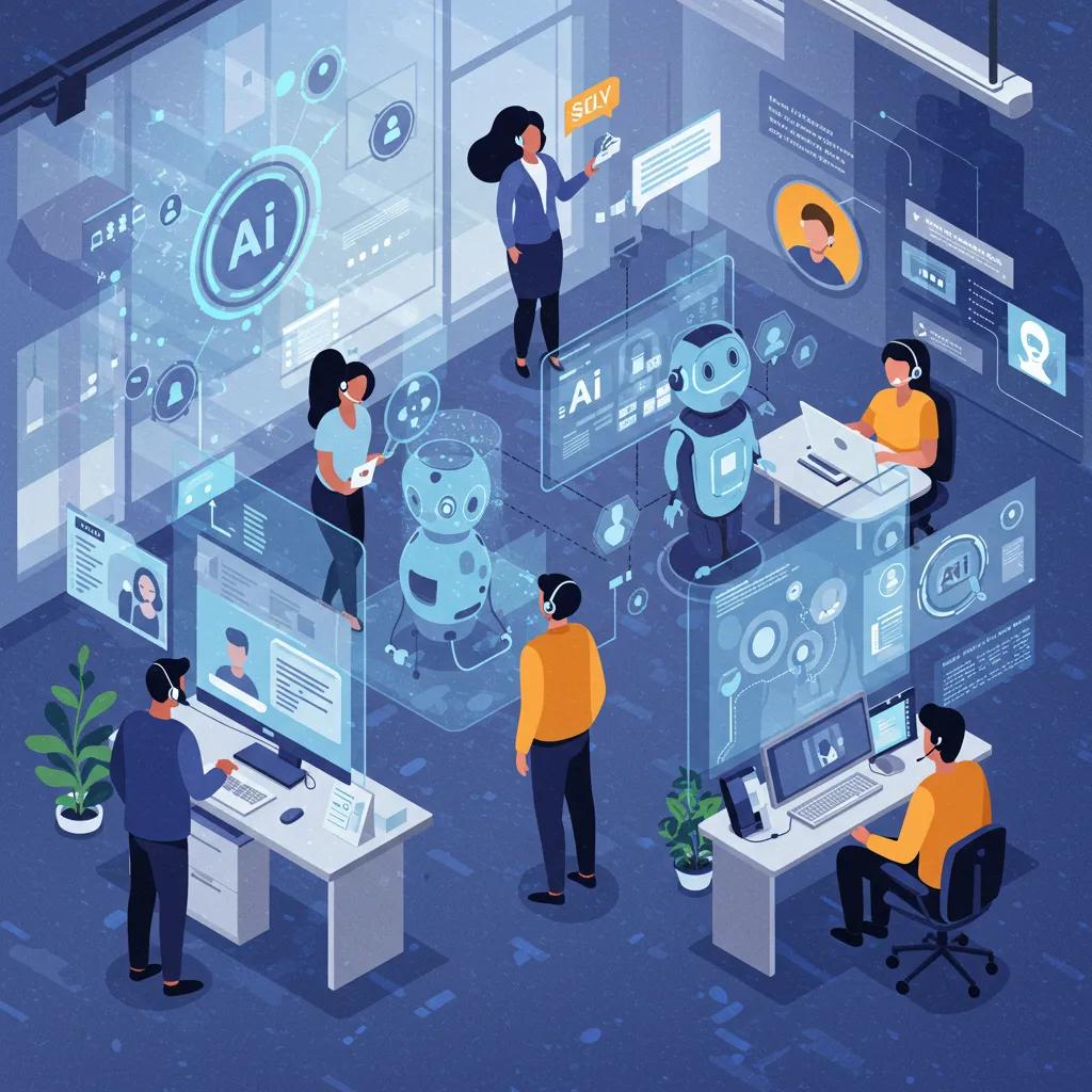 Futuristic customer service environment with AI tools and diverse agents