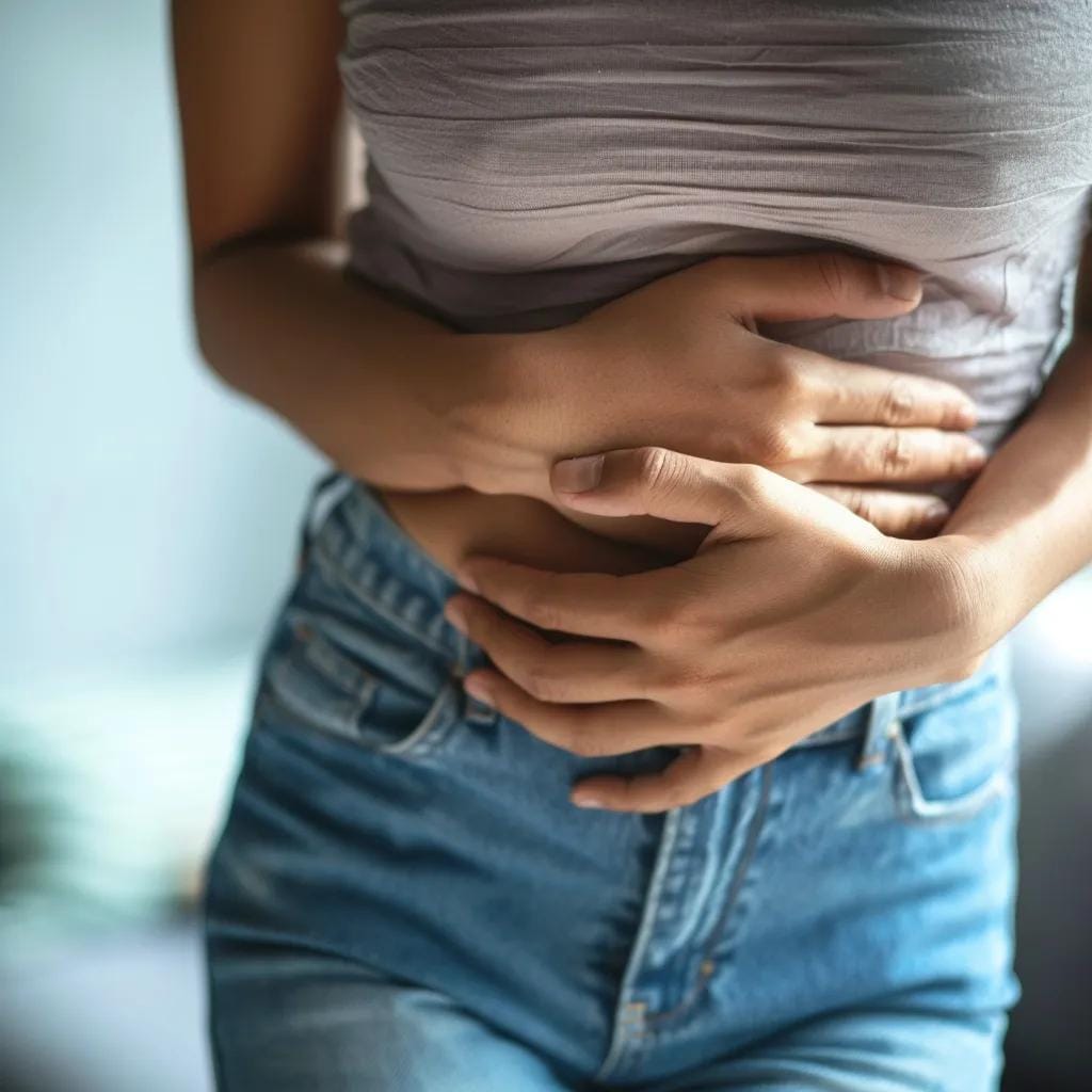 Person holding their stomach, representing common gastrointestinal side effects of semaglutide