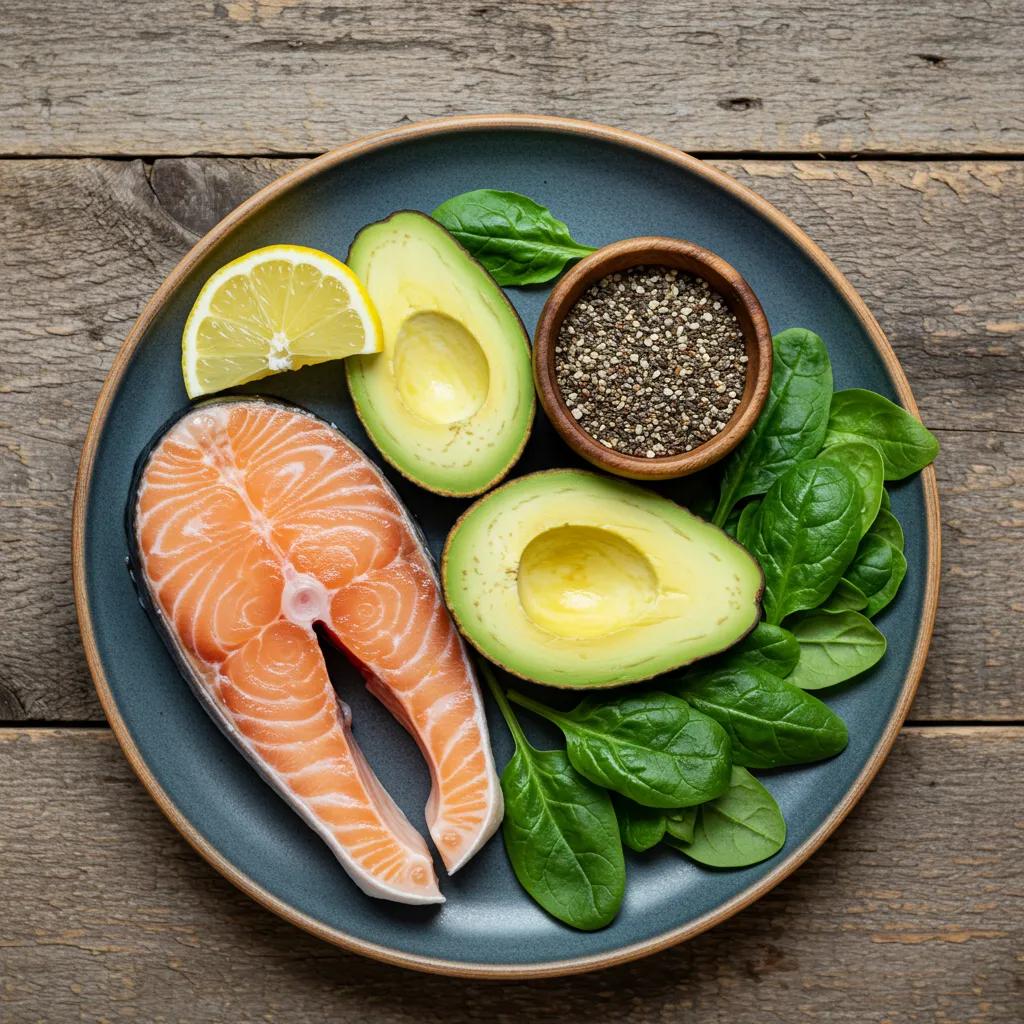 Plate of keto-friendly foods including fatty fish, leafy greens, and avocados emphasizing nutrient density for cellular health