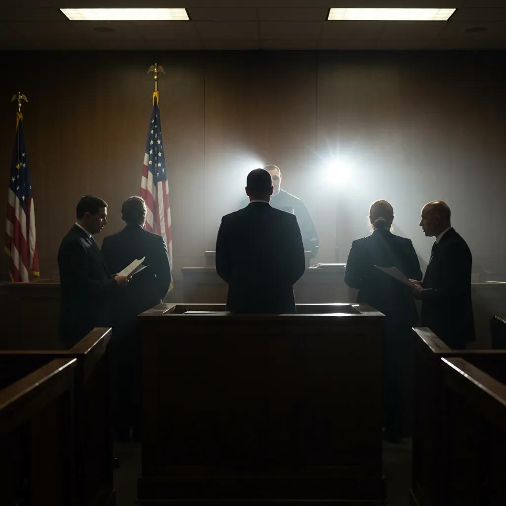 Silhouettes of key figures in a courtroom representing the Trump hush-money trial