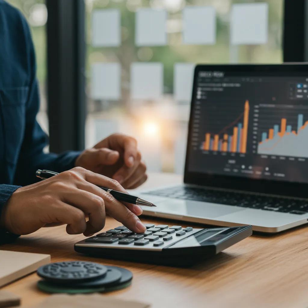 A small business owner calculating SEO ROI with analytics on a laptop