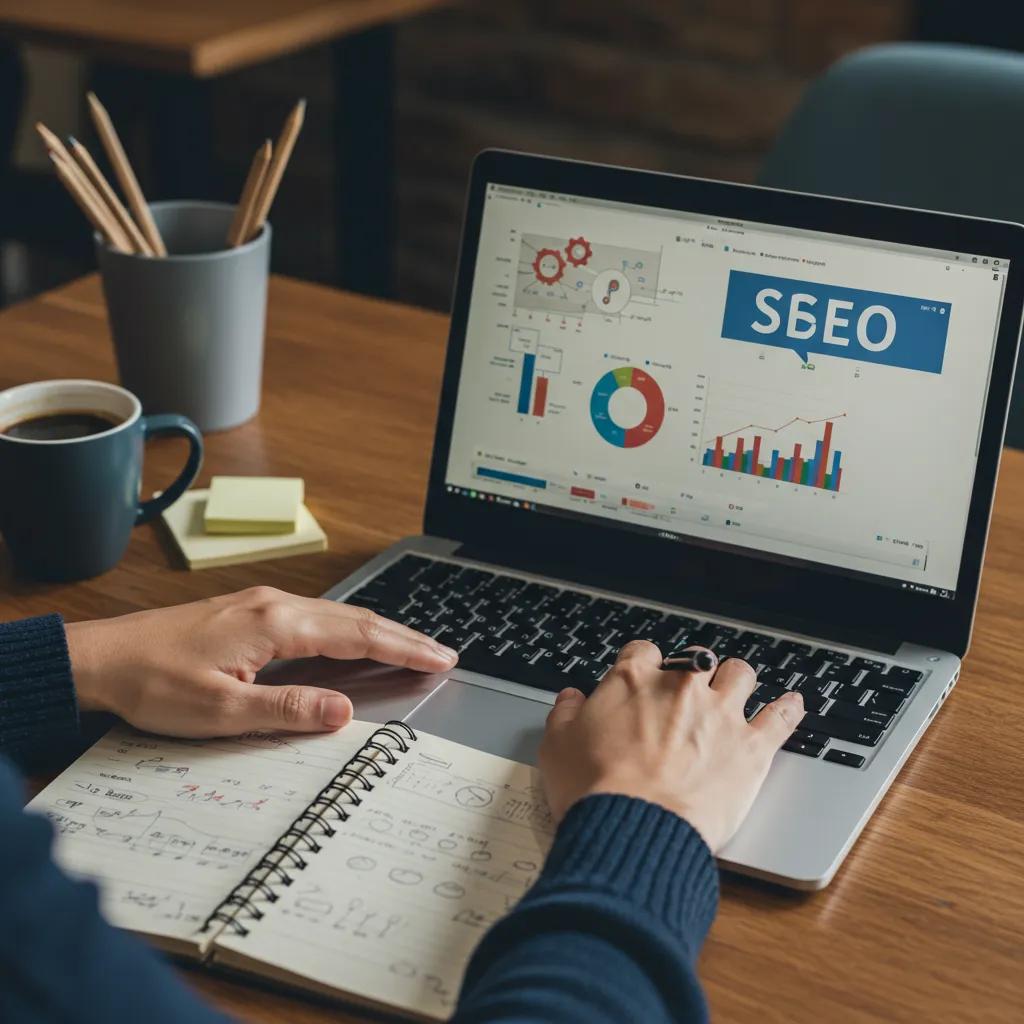 A small business owner analyzing SEO strategies in a welcoming office space