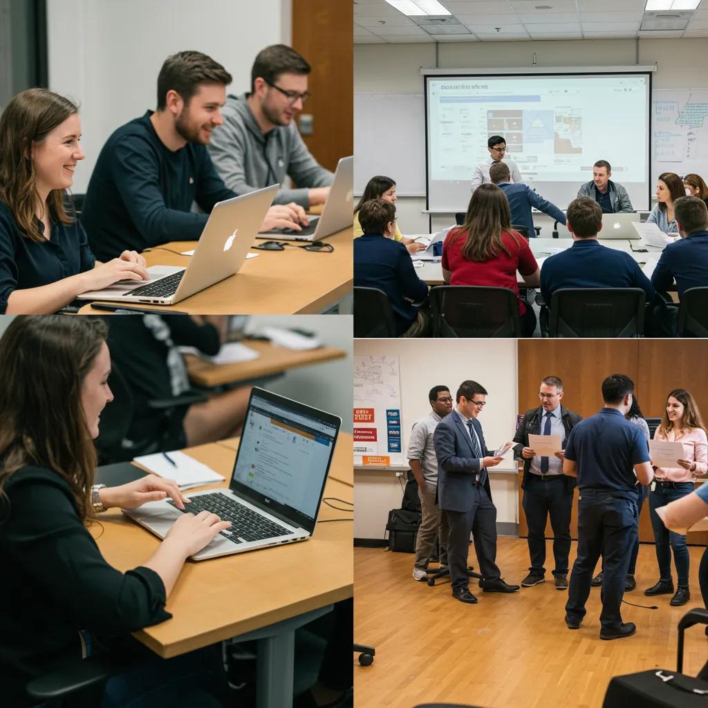 Diagram showing how hybrid MBA programmes combine online modules with short in‑person residencies