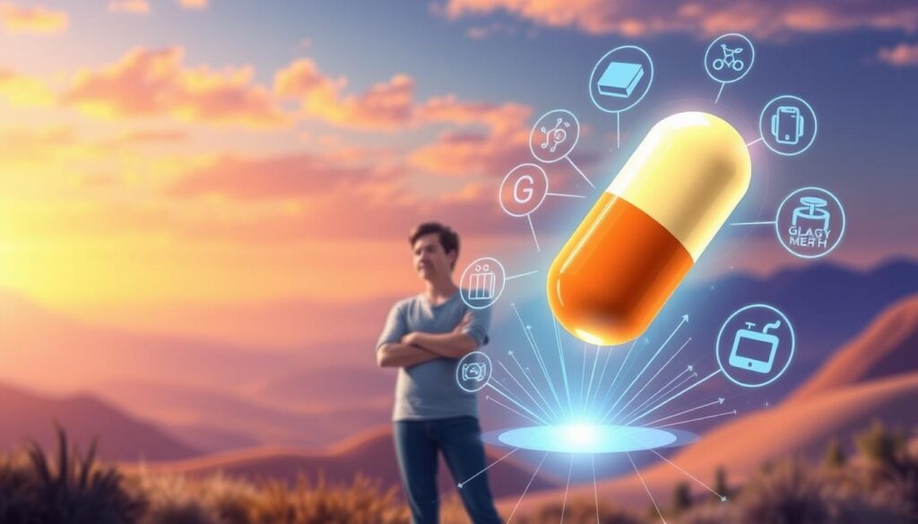 A large glowing capsule representing weight loss medication is floating in the air, surrounded by health icons, while a person stands observing in a scenic outdoor landscape.