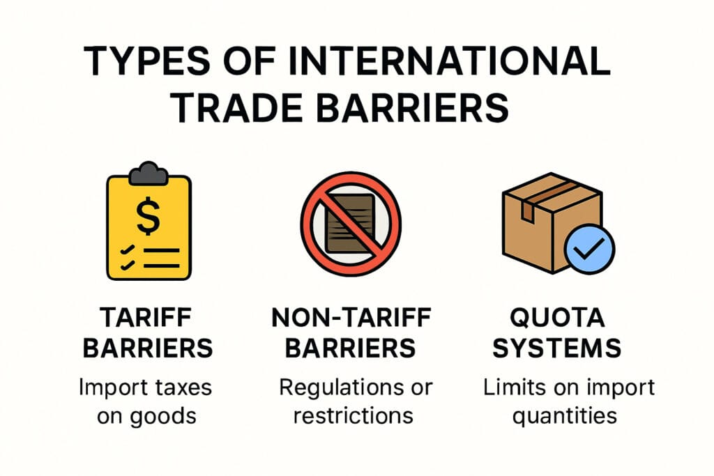 A colourful infographic breaks down three types of international trade barriers: tariffs (import taxes), non-tariff barriers (regulations), and quota systems (quantity limits) with icons and concise definitions.