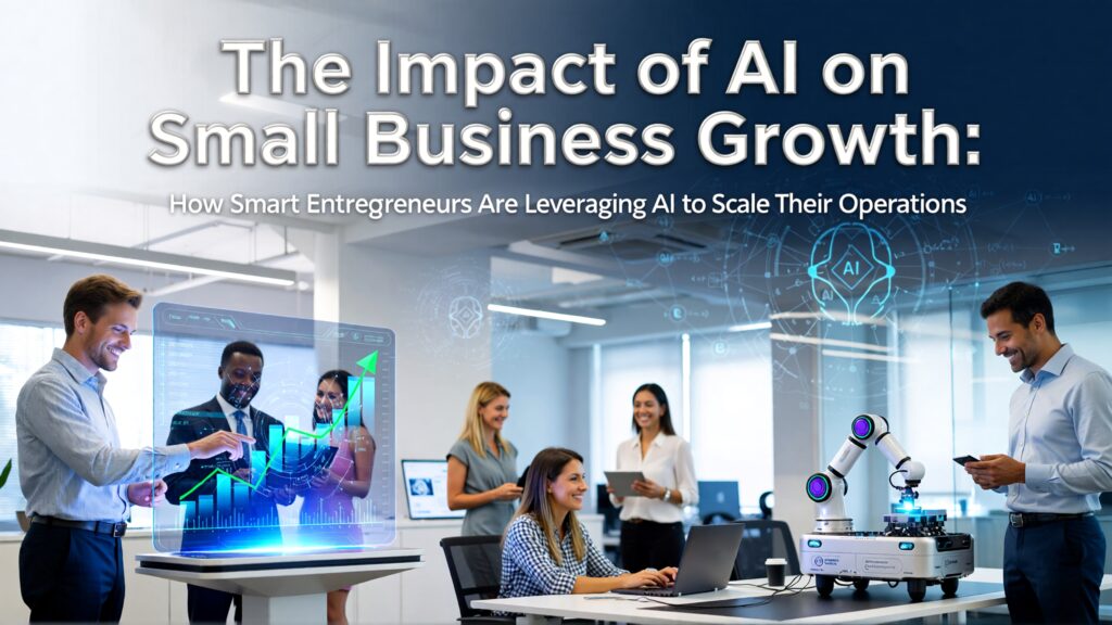 A presentation slide titled 'The Impact of AI on Small Business Growth' with the subtitle 'How Smart Entrepreneurs Are Leveraging AI to Scale Their Operations.' The text is displayed in a clean, modern layout on a dark background.