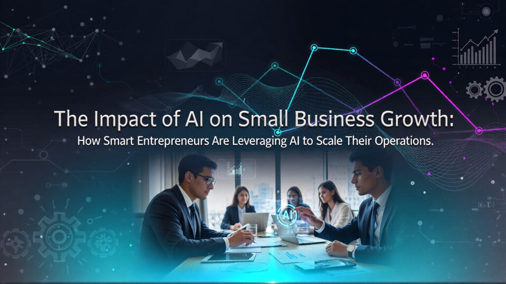 The image depicts a business team discussing AI-driven growth strategies with digital data visuals and analytics icons in the background, illustrating the impact of AI on small business scaling.