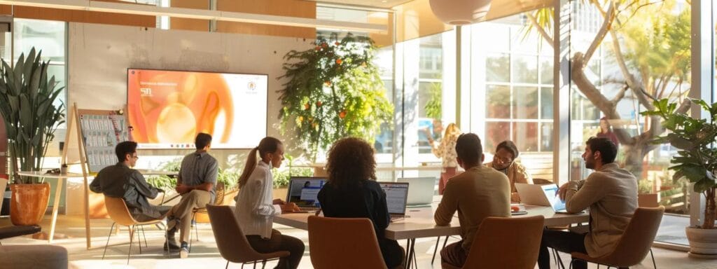 a modern office space filled with engaged employees participating in a collaborative wellness workshop, showcasing innovative health technology and interactive educational materials that highlight a proactive approach to managing healthcare costs.