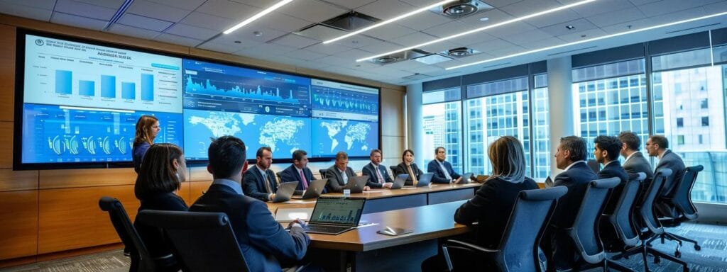 a sleek conference room filled with focused professionals engaged in a heated discussion, with digital screens displaying complex data and graphs that illustrate the challenges of transitioning to value-based care.