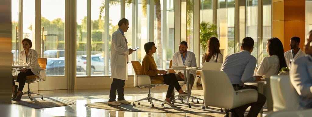 A stylish, up-to-date healthcare office with a variety of professionals having a serious talk around a digital tablet, showing teamwork on ways to use value-based care to improve patient results and lower costs.