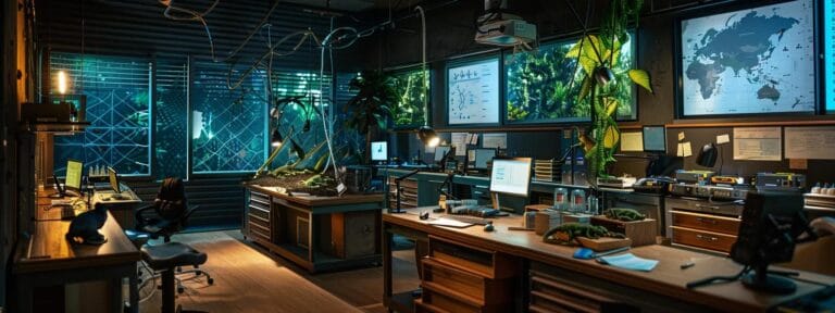 A captivating indoor research lab scene showcases scientists intently studying lizards through high-tech equipment, with detailed charts and vibrant displays illustrating the species' vital role in forest recovery and ecological balance in Madagascar.