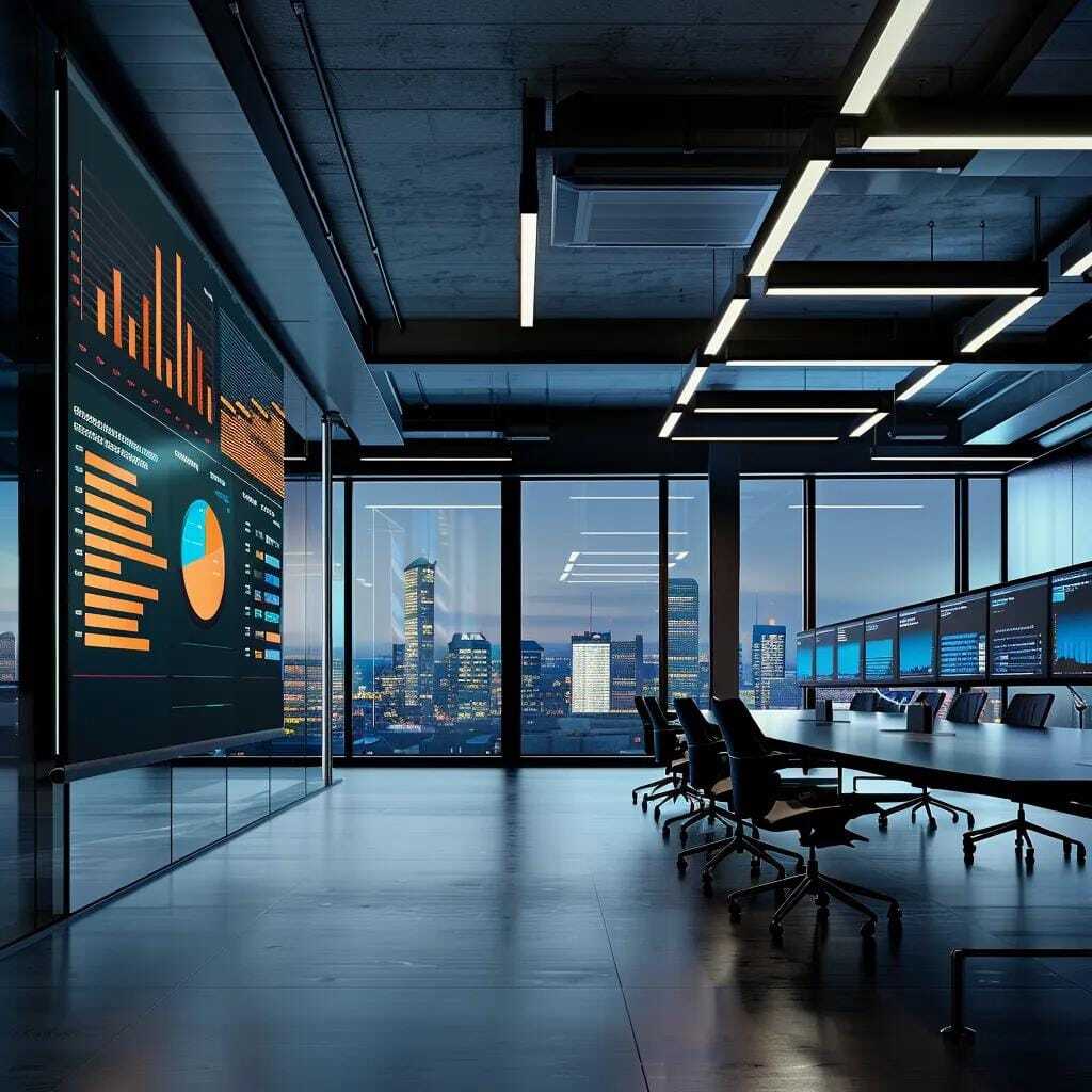 Modern digital marketing offices display analytics dashboards and performance charts, representing data-driven, shoppable content strategies and social selling optimization.