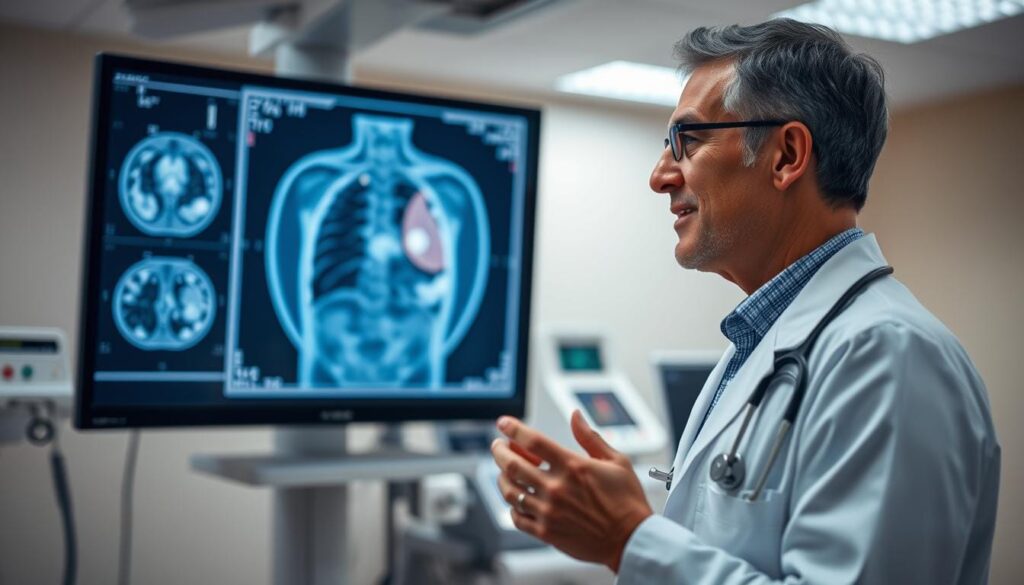 Doctor analyzing chest and organ imaging on a large medical display while discussing diagnostic findings in a clinical setting.