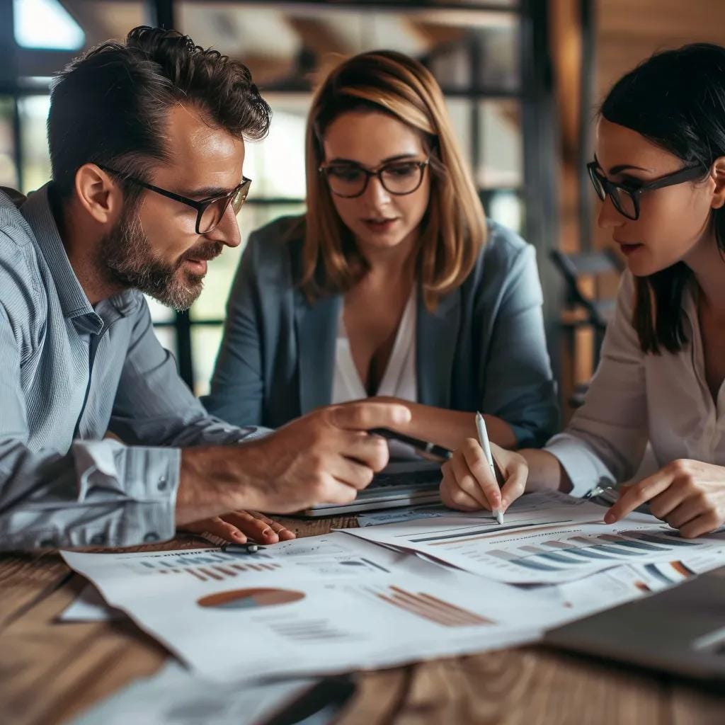 Analysts discussing economic indicators around a table, focusing on interest rate forecasting