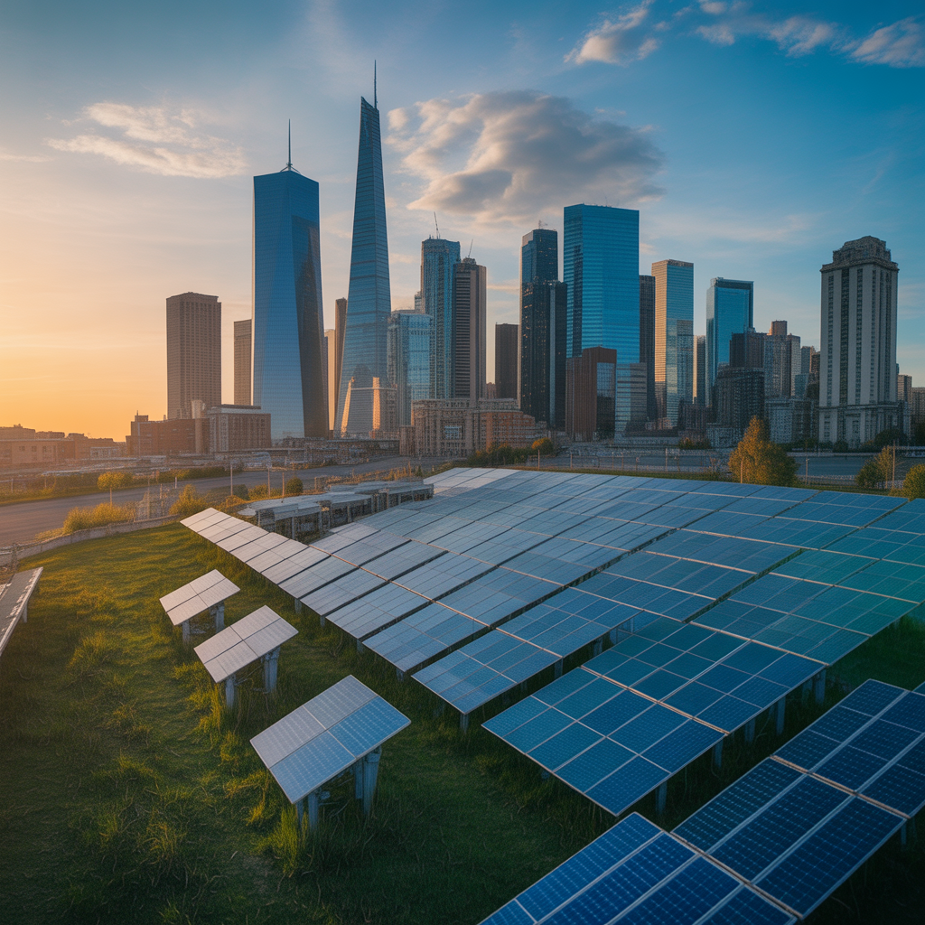 Solar panels integrated into a smart city landscape showcasing renewable energy innovation and sustainable urban power generation.