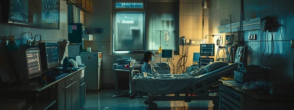 A dimly lit urban hospital room illustrates the stark reality of maternal health in 2025, with a visibly concerned mother in a hospital bed and medical monitors highlighting the impacts of pollution-related complications on maternity outcomes.