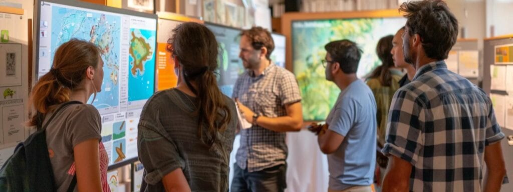 A dynamic urban community workshop showcases diverse participants collaborating on innovative conservation strategies for Madagascar's lizards, surrounded by vibrant informational posters and interactive displays.