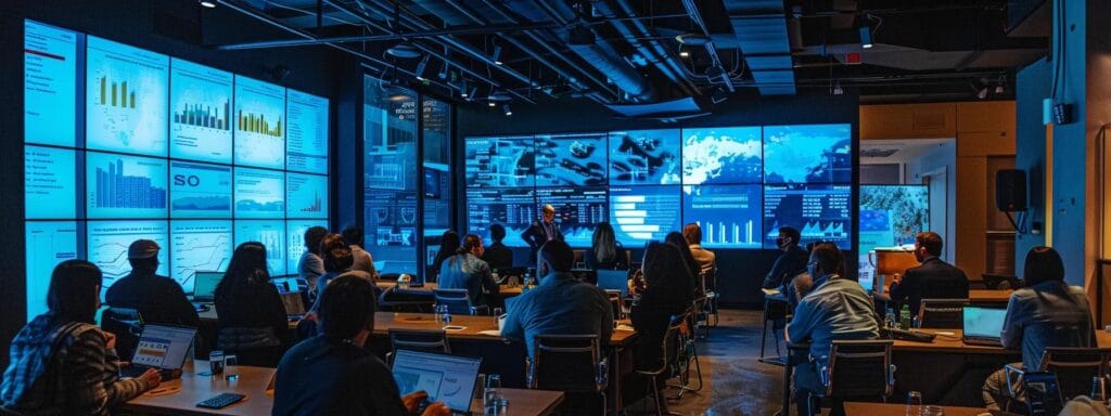 A dynamic urban conference room filled with professionals engaged in a heated discussion, surrounded by charts and screens displaying data on climate change, and emphasising a strategic meeting on mitigating AMOC weakening and polar feedback loops.