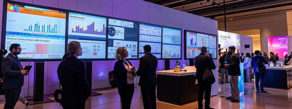 A lively city healthcare conference is happening, featuring various professionals interacting with high-tech displays and infographics about public health initiatives, all in a stylish, modern setting with bright screens and a sense of teamwork.