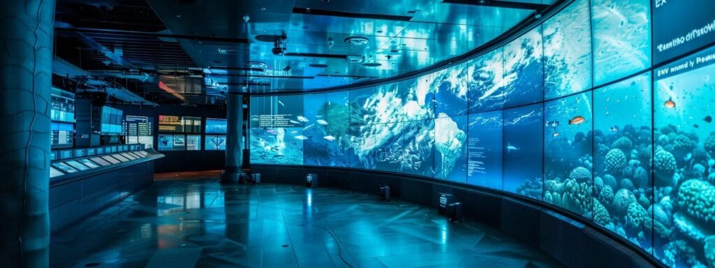a high-tech visualisation of ocean currents in an expansive, futuristic control room with dynamic digital displays illustrating the effects of polar ice melt on water density and salinity and emphasising the interconnected processes affecting global climate patterns.