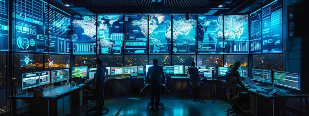 A high-tech urban control centre filled with glowing screens displays real-time pollution data, showcases satellite imagery, and uses IoT sensor analytics, symbolising the future of environmental monitoring and health protection in 2025.