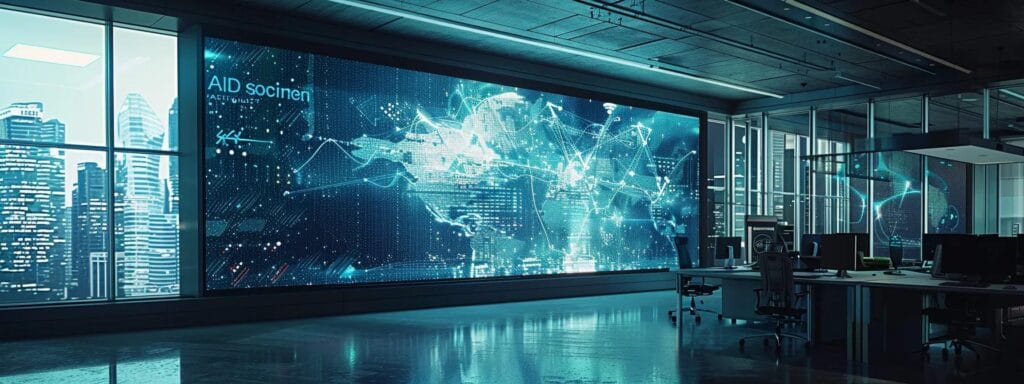 A stark urban office setting features a large digital display showcasing a bold graphic representation of polar feedback loops and striking visuals of shrinking ice caps and dark ocean surfaces, emphasising the urgent theme of climate change acceleration.