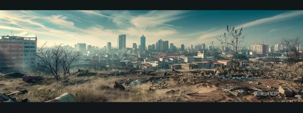 A striking urban landscape depicts a bustling city skyline juxtaposed with a stark, encroaching deforested area, symbolizing the critical threats to Madagascar's lizard habitats from human encroachment and climate change.