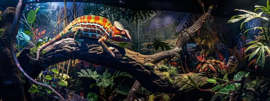 A vibrant indoor exhibit showcases the diverse lizard species of Madagascar, featuring lifelike models of the panther chameleon and leaf-tailed geckos surrounded by informative displays highlighting their ecological roles in forest restoration and pest control.