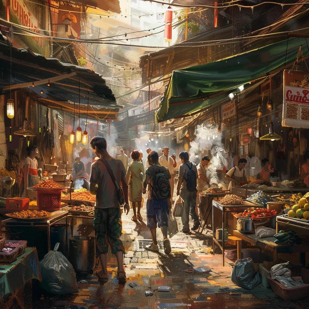 Vibrant global business market scene in an emerging economy showcasing local vendors and consumers