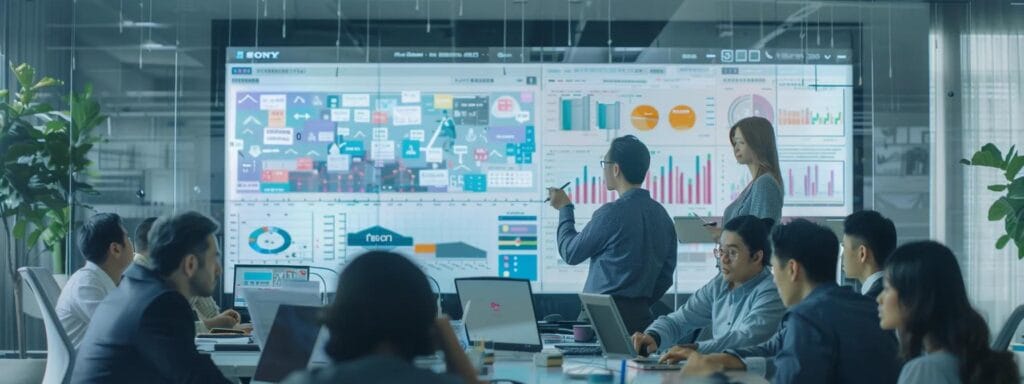 a dynamic office setting showcasing a diverse team engaged in a strategic meeting, analyzing digital supply chain data on large screens, surrounded by flowcharts and risk management diagrams, emphasizing collaboration and proactive problem-solving.
