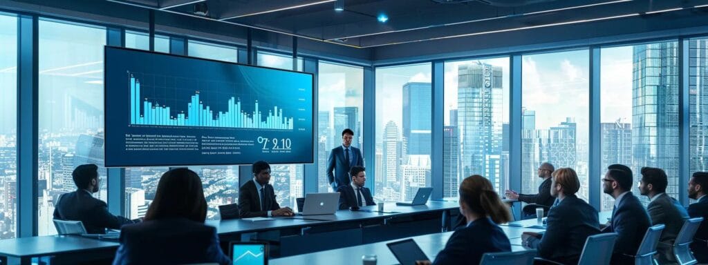 A modern office setting features a sleek conference room with a large digital screen displaying graphs and analytics, showcasing a team engaged in a dynamic discussion on operational efficiency strategies for supply chain performance.