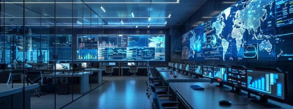 a sleek, modern control room filled with digital screens displaying real-time data analytics and logistics maps, showcasing cutting-edge technology driving agile supply chain solutions in an urban office environment.