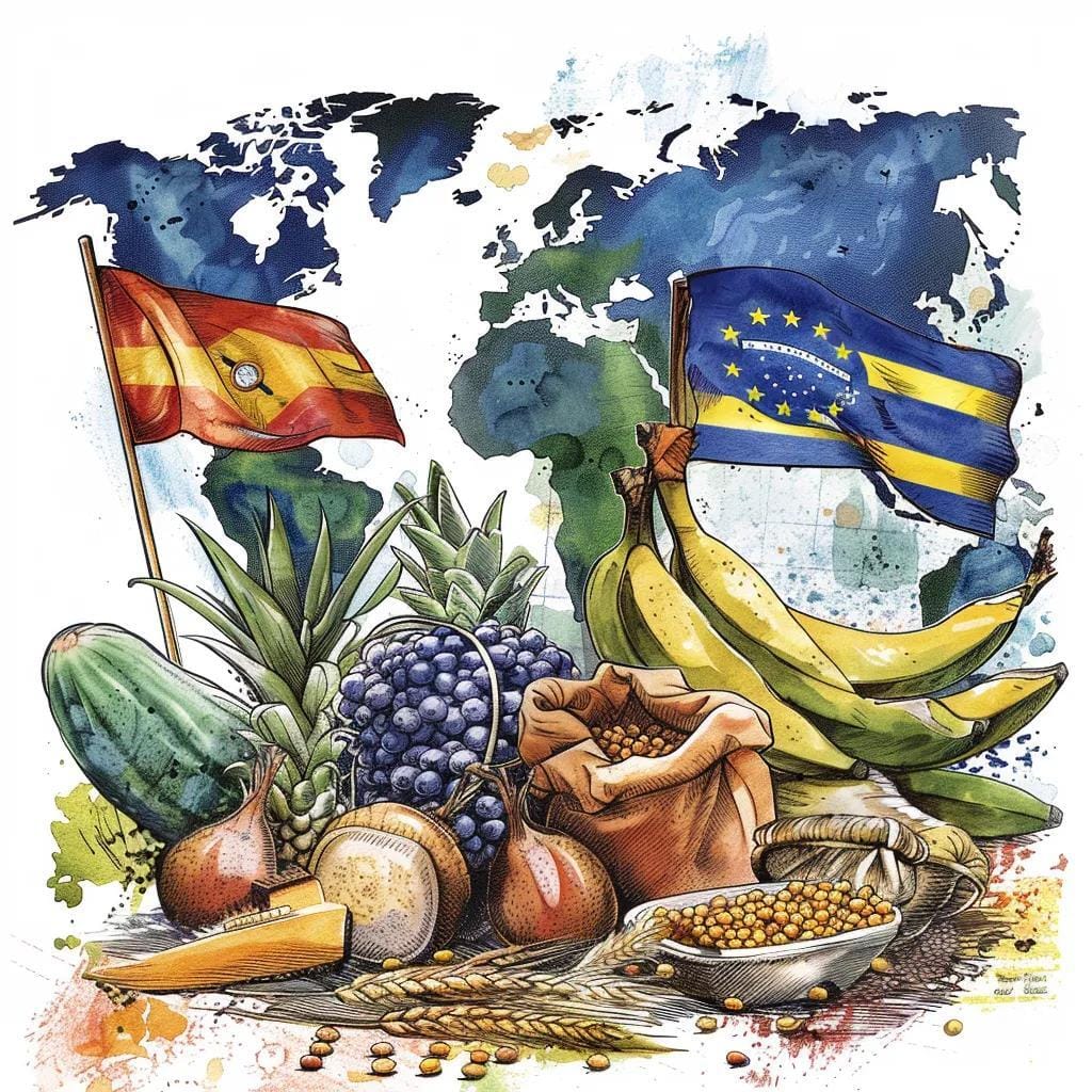 EU and Mercosur flags with agricultural and industrial goods, symbolizing the trade partnership shift